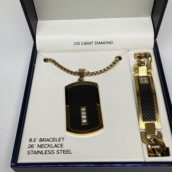 bon voyage Men’s Gold Stainless Steel Dog Tag Necklace & Bracelet Gift Set New - Picture 2 of 7